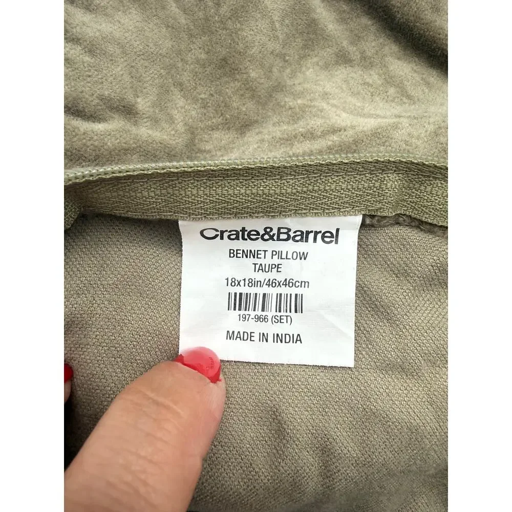 Crate & Barrel Bennet Taupe Velvet Pillow Covers Set 2 18x18 Gray Piped Edge